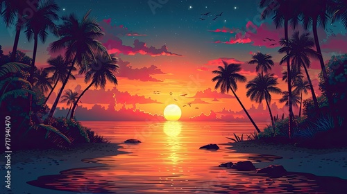 sunset on the beach  summer background Vector silhouette generative AI