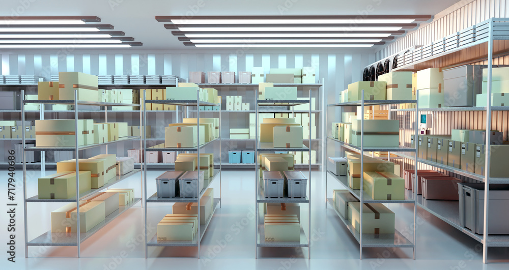 Fototapeta premium Shelves in the warehouse. Rows of shelves with boxes. A cold warehouse. The refrigerator room. 3D image