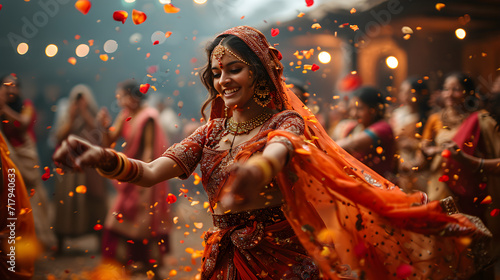 An Indian woman, adorned in traditional attire and jewelry, gracefully engages in traditional dance during a wedding celebration. Generative AI photo