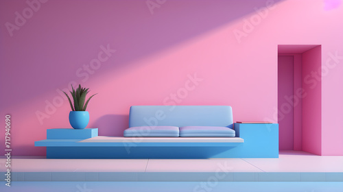 Blue sofa and pink wall  Modern and futuristic room design. generative AI