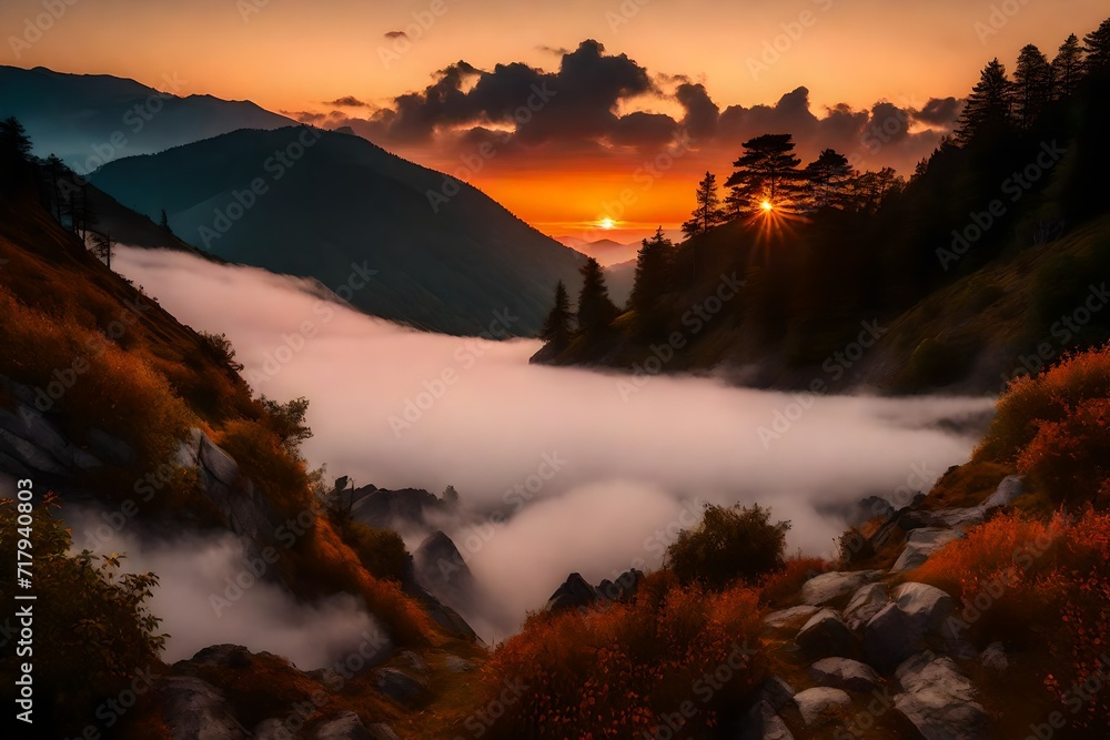 Mountain cloud and foggy at morning time with orange sky,Sunrise beautiful landscape -