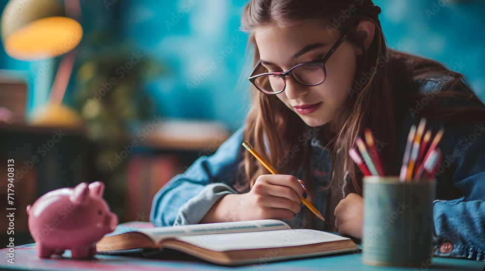 High school student in a classroom, desk displaying a workbook, pencils, and a piggy bank against a blue background. Generative AI - obrazy, fototapety, plakaty 