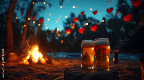 Cinematic photograph of two beer pint by a firepit in a camp site. Moonlight. Stars.Heart shaped balloons and confeti. Valentines. Love photo