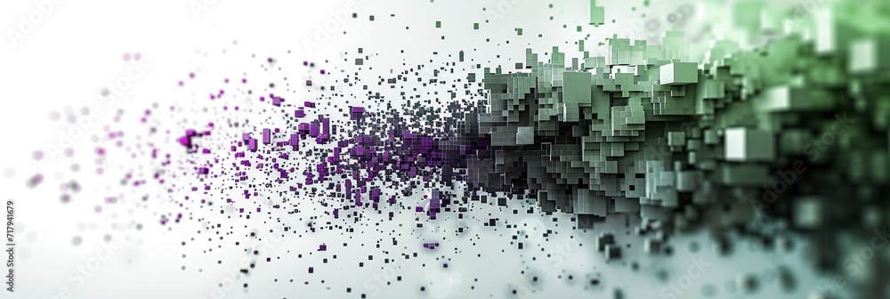 Experience the captivating fusion of purple and green exploding pixels in a dynamic vector design, set against a clean white background, making it ideal for a simple shapes web banner or poster