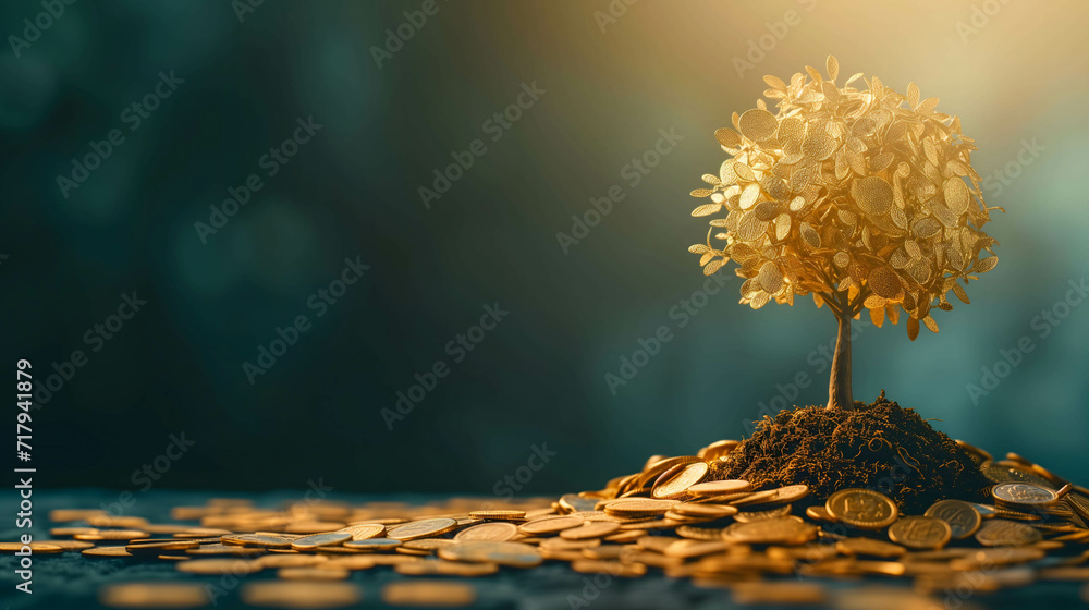 golden tree growing on pile of golden coins, business and investment growth - obrazy, fototapety, plakaty 