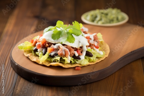 bean tostada with lettuce, cheese, and sour cream on rustic wood