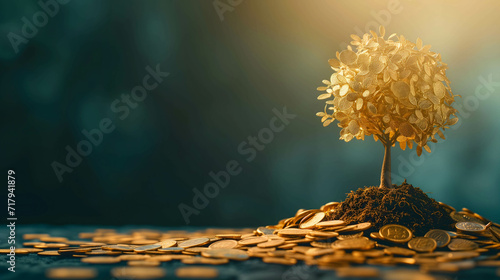 golden tree growing on pile of golden coins, business and investment growth photo