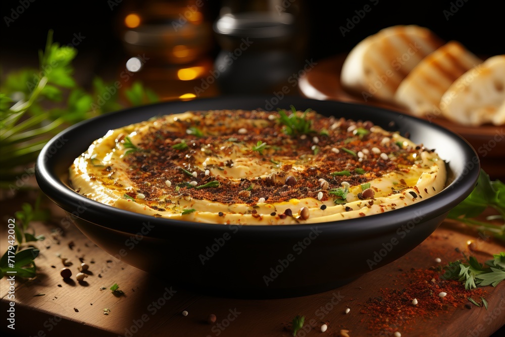Middle Eastern hummus on a wooden table, on a dark background Middle Eastern hummus on a wooden table, on a dark background