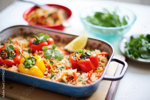 mexican rice stuffed in bell peppers on a baking tray