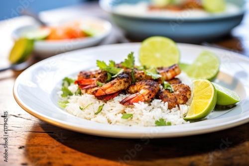 rice on a plate with blackened shrimp and lime wedges