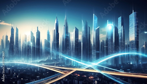 Futuristic technology city background banner with modern high-rise buildings blue sky 