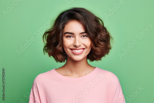 Portrait of a pleasant brunette girl smiling on an olive background.