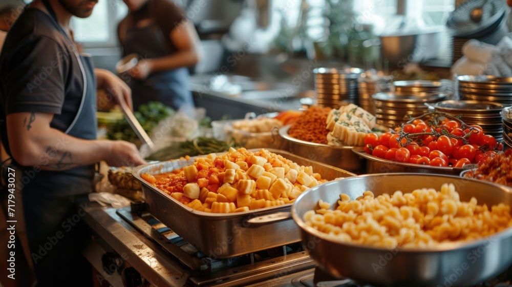 Obraz premium Canteen for the homeless. Concept of helping people with disabilities, charity. Homeless people serve food from trays.