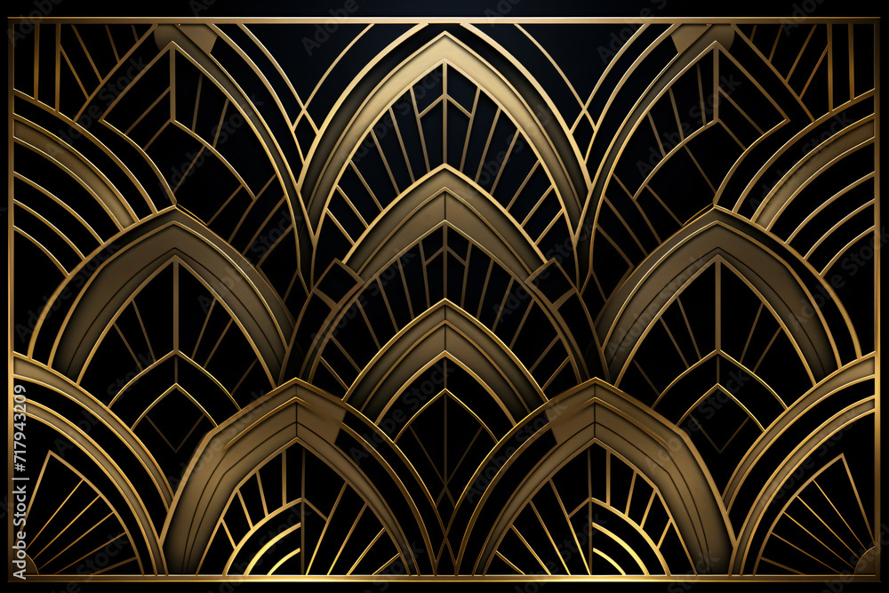 black and gold deco style pattern, in the style of art deco geometric patterns, shaped canvas, vintage-inspired
