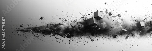"Exploding Pixels" unfolds with precision in black and grey against a pristine white backdrop, utilizing simple shapes to craft an elegant and adaptable design for wallpaper, posters, banners