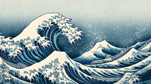 A Japanese great wave sea Japan engraved art design in a vintage woodcut intaglio style
