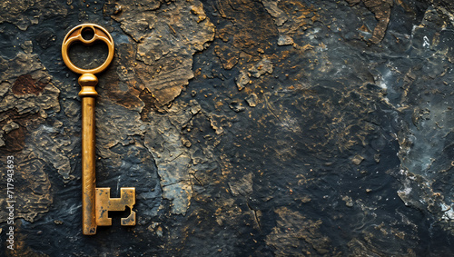 Old golden key on a dark stone slab, suitable for text or graphics © Erich