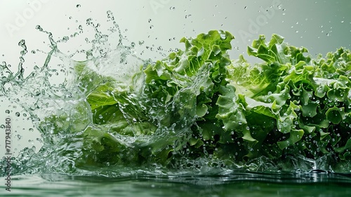 Vegetable poster, leafy greens, splash of water, solid color background, light colour,