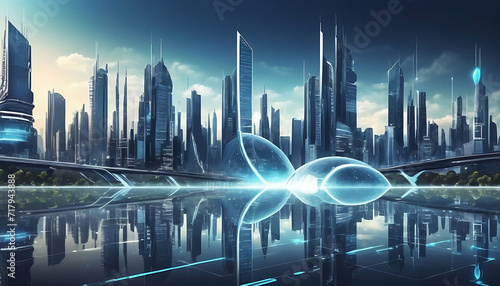 Futuristic technology city background banner with modern high-rise buildings blue sky 