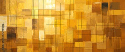 golden geometric abstract background  in the style of altered and substituted canvases  smokey background  layered stencil work  vibrant color blocks  canvas texture emphasis  lightbox
