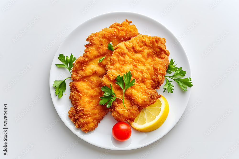Homemade breaded chicken schnitzel top view isolated on white background Homemade breaded chicken schnitzel top view isolated on white background