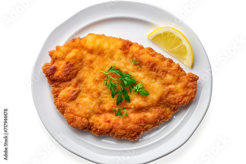 Fototapeta Naklejka Na Ścianę i Meble -  Homemade breaded chicken schnitzel top view isolated on white background