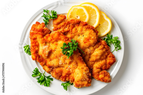 Homemade breaded chicken schnitzel top view isolated on white background