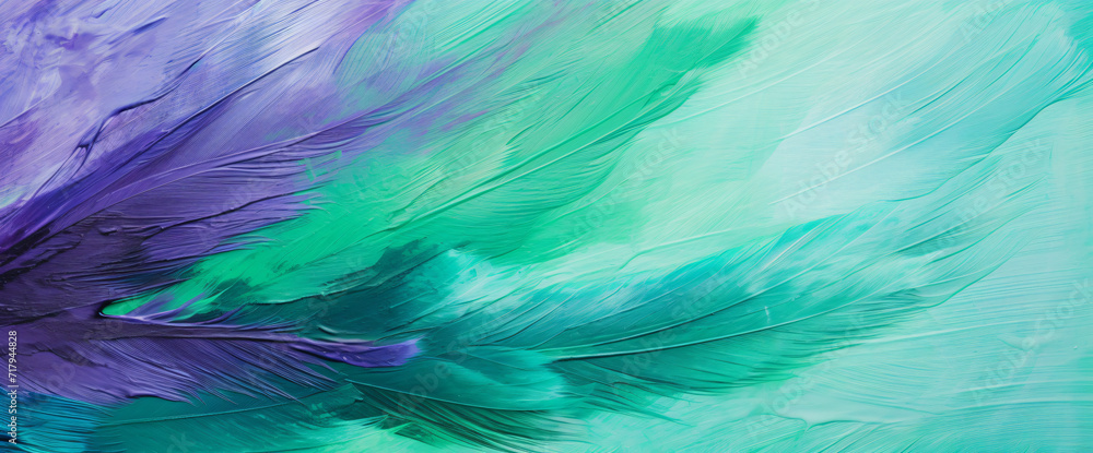 green background with a bright green, blue and purple color, in the style of layered brushstrokes, light sky-blue and dark gray, unprimed canvas, detailed feather green background with a bright green, blue and purple color, in the style of layered brushstrokes, light sky-blue and dark gray, unprimed canvas, detailed feather