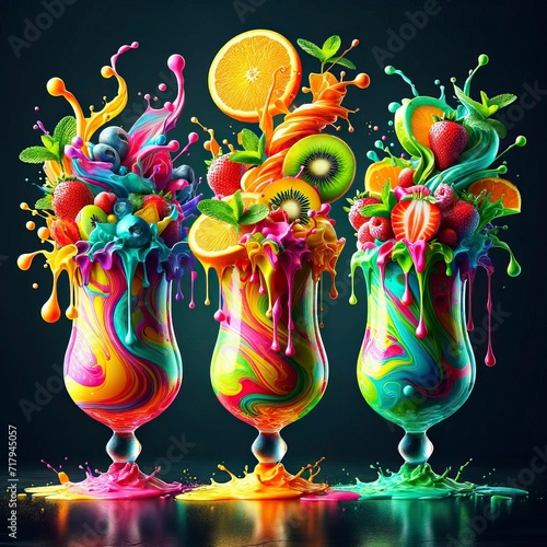 Vibrant Fruit Extravaganza: Dynamic Splash of Juicy Flavors in 3D Art photo