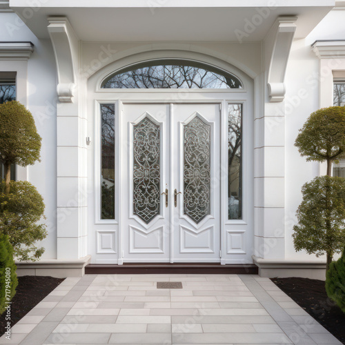 Main door to the luxury house with spring decoration, beautiful elegant entrance to the house, modern and elegant door, Spring time, Mockup © iv work