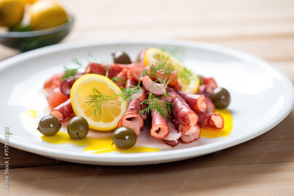 sliced octopus with capers and a lemon twist garnish sliced octopus with capers and a lemon twist garnish