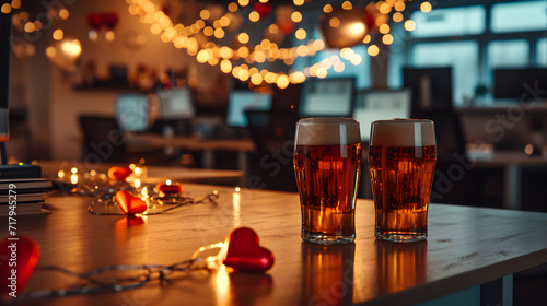 Foto Cinematic photograph of two beer pint At an office