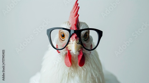 white chicken wearing black rimmed glass in front of white background