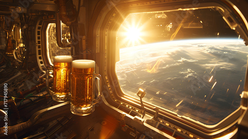 Cinematic photograph of two beer pint floating in a spaceship. International space station. Sunlight. Earth. Heart shaped balloons and confeti. Valentines. Love