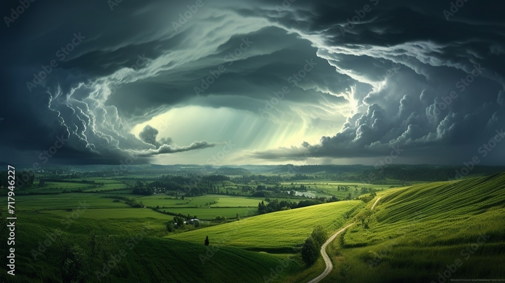 A summer thunderstorm over a lush green meadow.