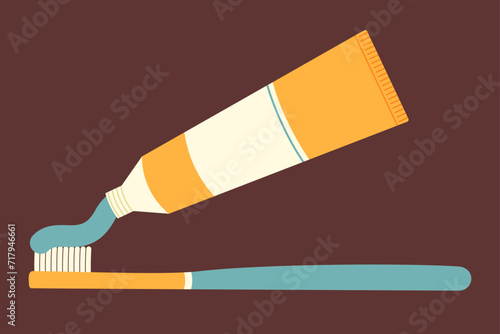 Toothpaste and toothbrush. Toothpaste coming out of tube. Flat vector isolated illustration