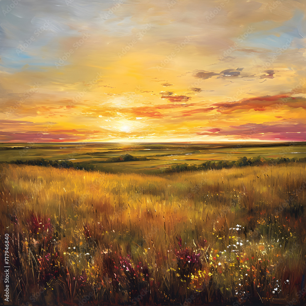 Golden Sunset Over Serene Prairie Landscape.