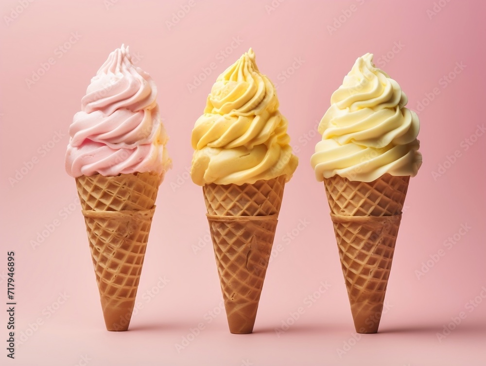 Three ice cream cones with three different flavors on isolated background