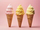 Three ice cream cones with three different flavors on isolated background