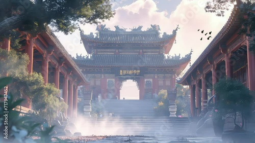 Animation chinese new year celebrations on the chinese temple 4k video background. generated with ai