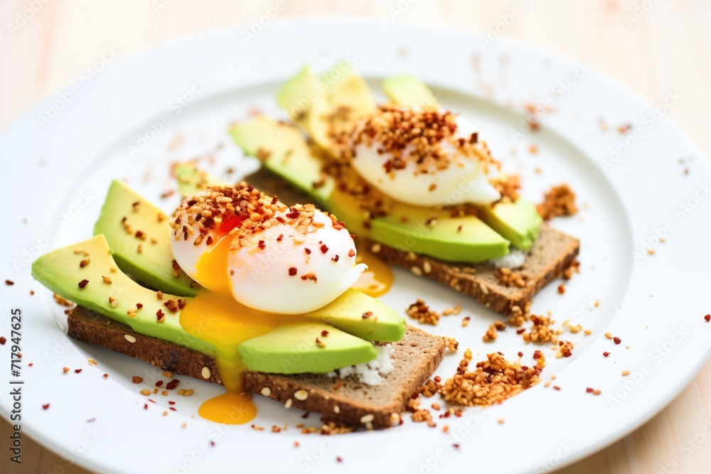 poached eggs on avocado toast garnished with chili flakes poached eggs on avocado toast garnished with chili flakes