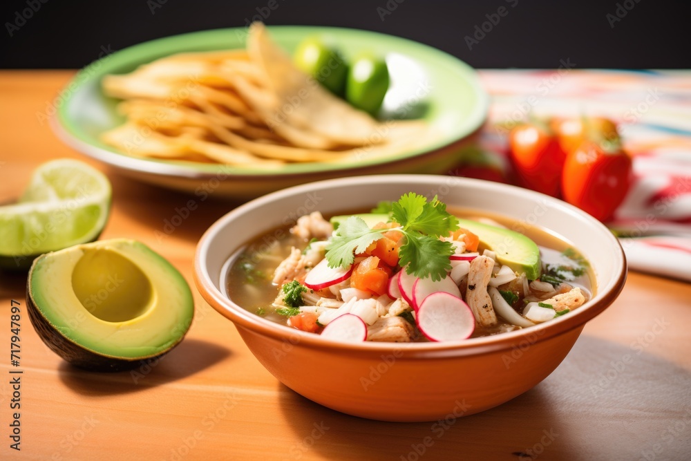 pozole bowl with side of tostadas and avocado pozole bowl with side of tostadas and avocado