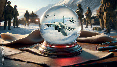 Crystal ball on a desk, AI driven visions of fighter jets. Blurred military winter operation in the background photo