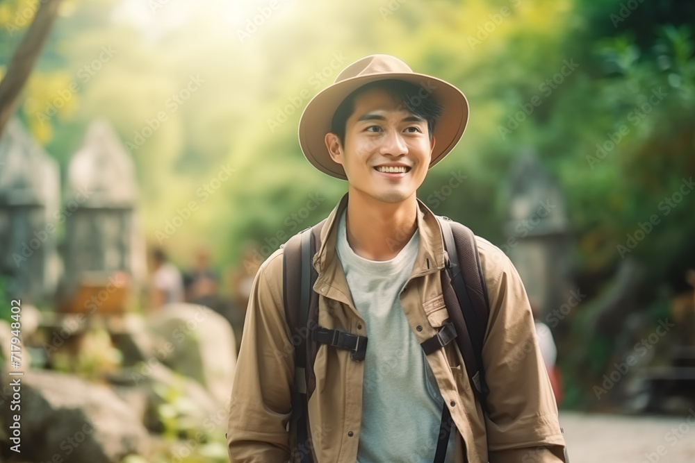 Asian male backpacker traveling alone explores while walking in the nature forest with happiness and fun in the forest enjoying their vacation. Asian male backpacker traveling alone explores while walking in the nature forest with happiness and fun in the forest enjoying their vacation.