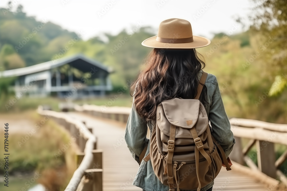 Asian female backpacker traveling alone explores while walking in the nature forest with happiness and fun in the forest enjoying their vacation.