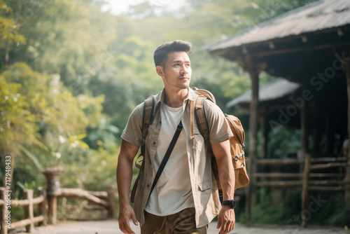 Asian male backpacker traveling alone explores while walking in the nature forest with happiness and fun in the forest enjoying their vacation.
