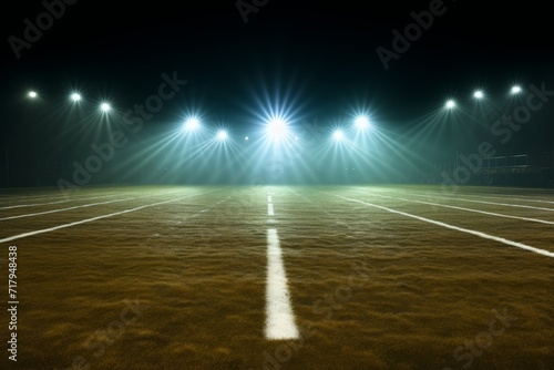 Football field illuminated by stadium lights. © thawats