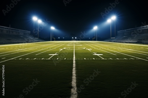 Football field illuminated by stadium lights.