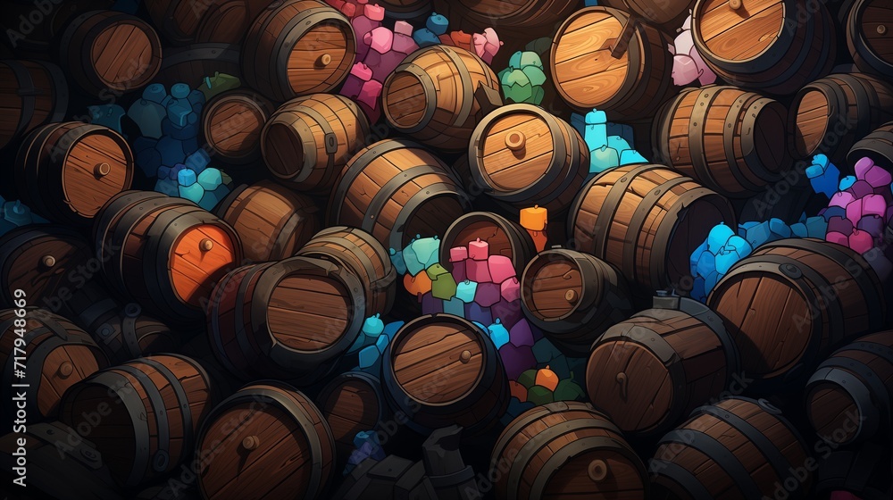 Fototapeta premium Stacked Wooden Barrels, Traditional and Efficient Storage Solution