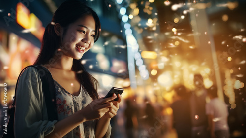 Attractive young Asian woman smiling happily using smartphone, mobile texting, shopping cart and online social media city. Lifestyle